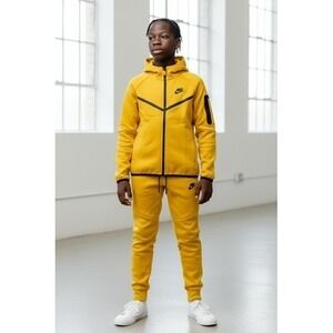 Kids Nike Tech Fleece Full Zip Hoodie Jogger Set Golden Yellow